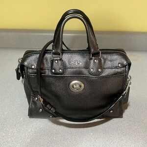 Coach Rowan Satchel Black Metallic Leather Crossbody Bag